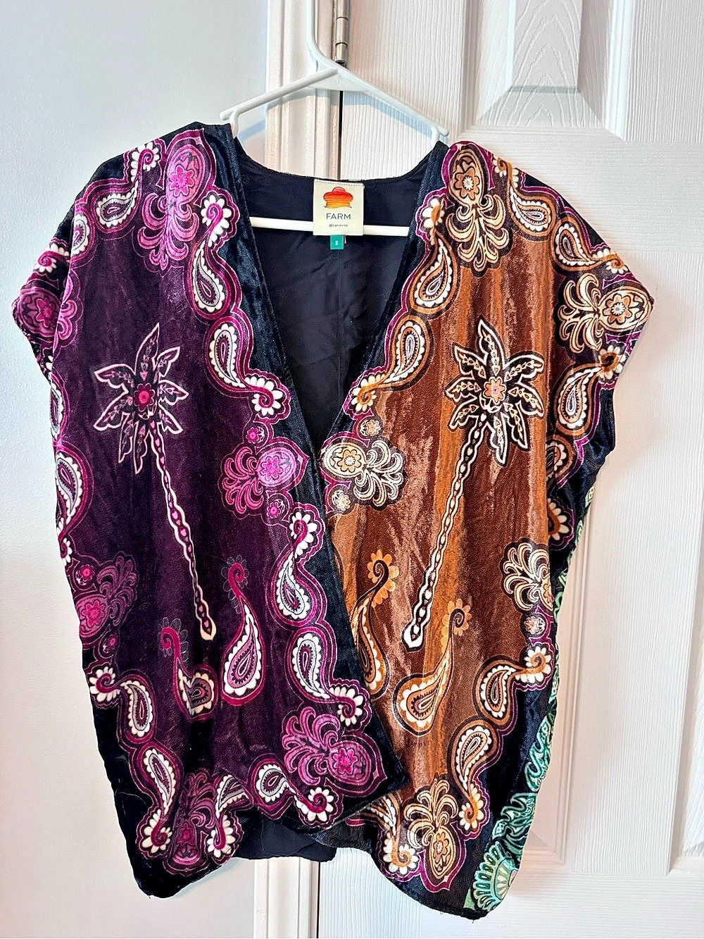 FARM Rio Paisley-Print Velvet Top Black & Brown Medium Like New